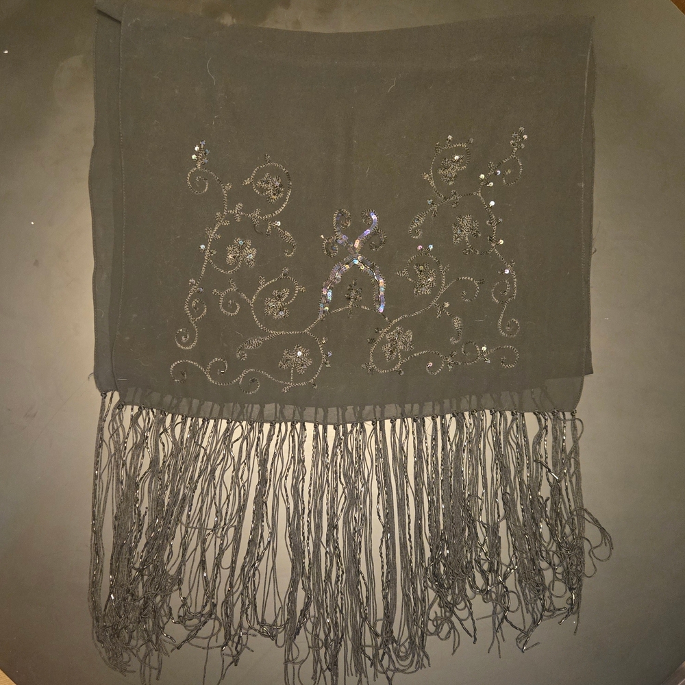 Black Beaded Fringe Scarf / Shawl | Sheer Embroidered Evening Wrap